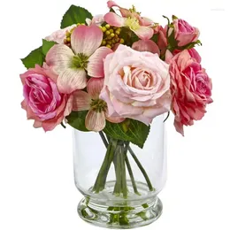 Dekorativa blommor rosa rose och bär konstgjorda blommor arrangemang bulk mödrar dag gåva hängande flores secas höstdekor vaser fo