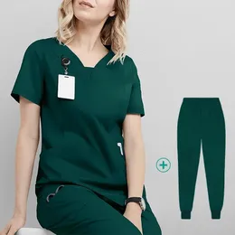 Kobiety mundury mundury elastyczne zestawy setki szpitalne sukienki z krótkim rękawem spodnie Panting Akcesoria lekarzy ubrania 240420
