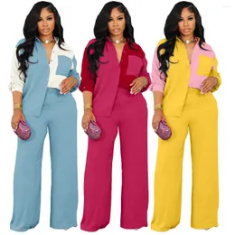 Frauen mit zweiteiliger Hosen Hemd Langarmhose zweiteiliger Set Lose Comfort Color Contrast Design mit Taschen fauler Stilanzug