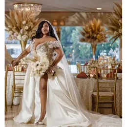 2024 Mermaid Wedding Dresses Bridal Gowns Off Shoulder Satin Lace Appliques Sier Crystal Beads Side Split Overskirts Plus Size African Nigerian Fishtail 0513