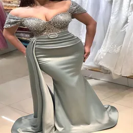 ASO EBI 2021 Arabisch Plus Größe grau Meerjungfrau Sexy Abendkleider Spitze Perlen Satin Prom Formal Party zweite Empfangskleider ZJ507 273p
