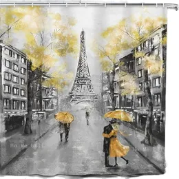 Cortinas de chuveiro Cortina pintura a óleo Paris Paisagem da cidade européia France Eiffel Tower Black White and Yellow Modern Casal com ganchos