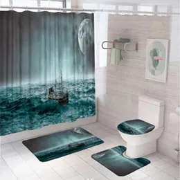 Duş perdeleri yelkenli tekneler deniz perdesi setleri dolunay gece manzarası deniz okyanus dalgaları banyo banyo paspasları halı tuvalet kapağı