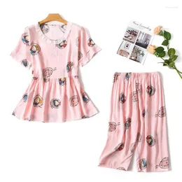 Frauen Nachtwäsche Frauen sexy Sommer Dessous Pijima Baumwolldruck gestreiftes Kurzarm Pyjama Kleid Koreanische zweiteilige rosa Pyjama -Sets