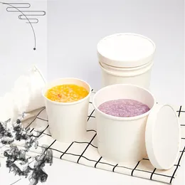 Disposable Cups Straws 50pcs High Quality White Kraft Paper Takeaway Packaging 8oz 12oz 16oz Ice Cream Dessert Soup Round Cup With Lid