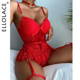 Sexy Set Ellolace Red Sensual Lingerie Bodysuit Lace Ruffle Christmas Erotic Body Bandage Sissy Teddies Bodysuits Tempt Q240511