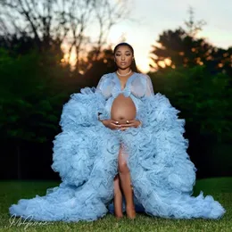 African jasnoniebieskie szaty macierzyńskie do sesji zdjęciowej lub baby shower marszczone tiul elegancka kobiety balowe marszki na długim rękawem fotogra 261R