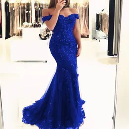 Fora da trombeta ombro, vestidos de baile azul royal com apliques com miçangas de longa noite vestidos de noite com vestidos de concurso de lantejoulas 256c