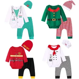 Roupas de roupas para recém-nascidos figurinos de halloween conjunto de bombeiros de bombeiro médico conjunto de role-playing cenário bebê chef meninos e meninas calças de Natal Hat 3 peçasl2405