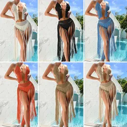 Damen Badebekleidung zweiteilige Strick -Häkeln Badeanzüge für Frauen Strandkleidung Push Up Halfter Krawatte Quasten BH mit Bikini -Sets Bikini -Sets