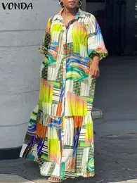 Artı 5xl vonda yaz bohem basılı elbise kadınlar zarif uzun kollu vintage maxi sundress rahat düğmeler gevşek robe 240424