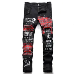 Mens Scotland Red Plaid Tartan Patchwork Jeans Punk Rivet Patch Black Denim Pants Skull Letters Printed Slim Straight Trousers 240430