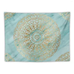 Tapestries Marble Mandala - Golden On Turquoise Tapestry Wall Art Things To Decorate The Room Aesthetic