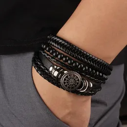 4Pcs Set Braided Wrap Leather Bracelets for Men Vintage Life Tree Rudder Charm Wood Beads Ethnic Tribal Wristband Rope Bracelet 240423