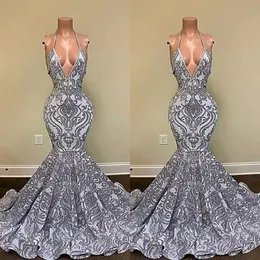 2022 Gorgeous Silver Mermaid Prom Dresses Spaghetti Straps V-neck Appliques Lace Backless Evening Gowns BC13118 B0417Q 284W