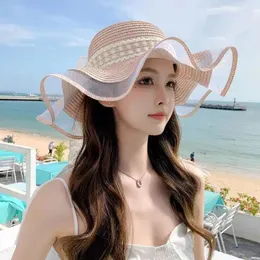 Wide Brim Hats Summer Hat Women's Lace Bow Beach Straw Tourism Sun Protection And Sunshade Big Edge