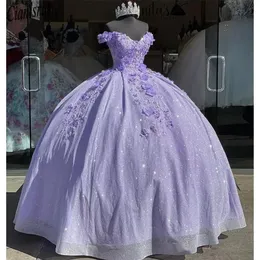 Stunning Lilac Ball Gown Quinceanera Dresses 3D Appliques Beads Lace-up Back Floor Length Prom Evening Gowns Mexician Girls Vestidos de 238S