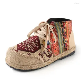 Sapatos casuais 2024 Women Boho Cotton Linen Canvas Single National Woven Round Toe Lace Up Cloth Woman Tamanho 35-40