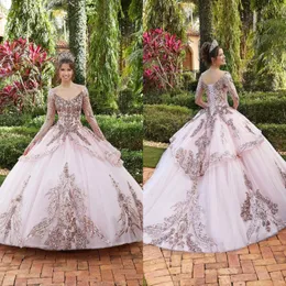 Underbara rosa Sweet 16 Quinceanera -klänningar Princess Ball Gown 2021 Sparkly Sequined Applices Longeple V Neck Puffy Tulle Tiered PR 2161