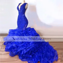 Organza Rüschen Rock gegen Hals Royal Blue Mermaid Prom Kleider 2021 Abendkleider Partykleider Robe de Soiree 2545