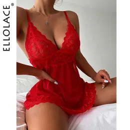 Conjunto sexy Ellolace Sleepwear Awear Deep-V Vestido noturno Mulheres dormindo camisola vermelha de renda de renda sem mangas Mini casas de casa q240511