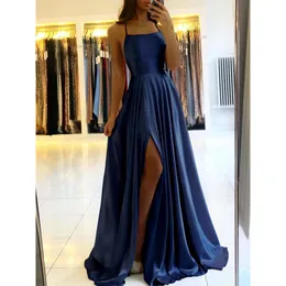 Modern Sexy Split Side A Line Prom Dresses Spaghetti Straps Sleeveless Reflective Evening Gowns Elastic Silk Like Satin Party Custom Made Cps3026