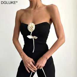 Женские танки цветочный аппликация Top Top Ribbed Braf -Crop Woman Fashion Sexy Backless Tank Summer Black Camisole