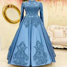 Blaue muslimische Abendkleider 2022 hohe Nacken Langarm Applique Spitze Satin -Promkleider Elegante Frauen formelle Kleidrobe de Ehe 214a