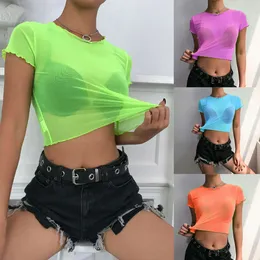 Nya mode kvinnors solida färgperspektiv mesh transparent kort topp t-shirt bikini strandomslag F51316