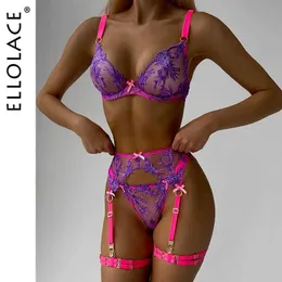 Set sexy Ellolace Pink Fancy Lingerie Floral Luxury Lace See attraverso biancheria intima Sensual Garter Cintura Contrasto Colore FAIRY Q240511