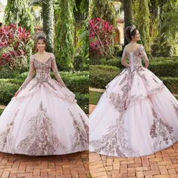 Underbara rosa Sweet 16 Quinceanera -klänningar Princess Ball -klänning 2021 Sparkly Sequined Applices Longeple V Neck Puffy Tulle Tiered PR 288O