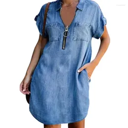 Casual Dresses Fashion Lapel dragkedja Splicing Short Sleeve Ladies Elegant Double Pocket Decoration Denim Dressy Women Loose Clown