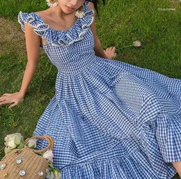 Party Dresses AYUALIN Butterfly Sleeve Rayon Summer Long For Women Vintage Cotton Blue Plaid Dress Ladies Vestidos Boho 2024