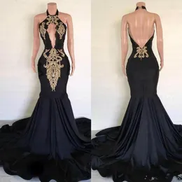 Black Sexy Worteless V Neck Long Mermaid Prom Dresses 2020 Halter Gold Applique Satin Weadless African Black Girls Cooks formale da festa 265F 265F