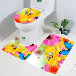 Badmattor cloocl toalettmatta set ganska blommig daisy fjäril 3d tryckta golvmattor badrum dusch mattan kudde 40x60 cm