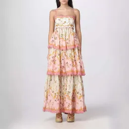2024 Vestido de camisola floral francesa para o verão feminino, nova alça sem costas, cinta de cintura, slim fit bolo de saia longa impressa f51386