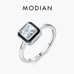 Wedding Rings MODIAN 925 Sterling Silver Fashion Black Enamel Ring Transparent Square CZ Womens Engagement Exquisite Jewelry Q240511