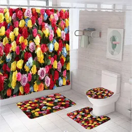 Duschvorhänge farbenfrohe frische Blumenvorhang Sets Rose Blumenblätter Garten Badebildschirm mit Toilettendeckel Abdeckung Teppich Badezimmer Dekor Matte
