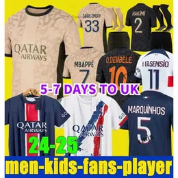 Koszulki piłkarskie 24 25 Dembele Barcola Soccer Jerseys MAILLOT Foot Kit Mbappe 2024 2025 Hakimi Zaireemery Kolo Muani czwarte mężczyzn Enfants Set Football Shirts Marqu