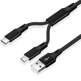 2 I 1 Micro USB -kabel Typ C -kablar Snabbladdningsladdning Kabel Tablett Telefonladdningsladd 2in1 Nylon flätade mobila Android -ledningar