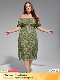 Plus size Dresses Plus Sized Clothing Spring Boho Floral Print Dress Puff Slve Off-Shoulder Elastic Cuffs Ruched Tie Front Short Slve Dress Y240510