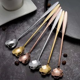 Stainless Long Spoons Flower Heart Steel Handle Tail Stirring Spoon Ice Cream Coffee Home Bar Flatware Tools Drop Ship