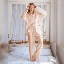 Roupas domésticas Hiloc bolsos duplos pijama de algodão para mulheres Sleeves Sleeves Terne Turn Down Collar Trouser Set Set Woman 2 Pieces