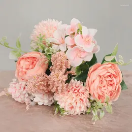 Decorative Flowers Artificial Silk Fili Roses Bouquet Wedding Simulation Flower Pink Rose Home Decoration Green Plant Floral
