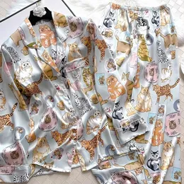 Autumn Womens Silk Soft Sleepwear Flip Collar Button Open Cardigan Set Womens 2 Cute Cat Print Sleepwear 240511