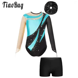 Clothing Sets Children Girls Leotard Gymnastics Rhinestone Tights Set Long Sleeve Unitard And Shorts Dance Costume Figure Skating