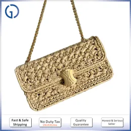 24k Gold Counter Quality Weave Raffias Bag Plein Soleil Summer Chain Bag para férias Bolsa de Designer de Qualidade Espelho de Praia 20.5cm