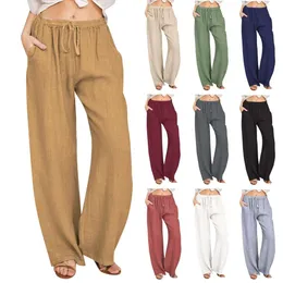 2024 pantaloni lunghi a larga gamba casual di lino di lino di biancheria da donna di grandi dimensioni per donne F51324