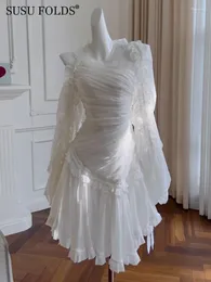 Casual Dresses Susu Chiffon Folds Ruffles Women Prom Attire Dress Asymmetrical Neck High midja Eleganta formella kläder Hösten 2024 SU-A941