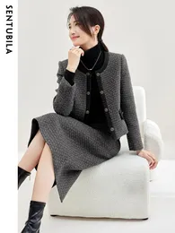 작업용 드레스 Sentubila Vintage Skirt Set Women Outfits 2024 Hight Quality Wool Blend Jacket Lady High Waist Midi 2 피스 세트 134Z50818